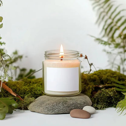 Empty Candle Jars | Wholesale Glass Containers | Eco Friendly Candle Packaging with lit candle in clear jar on natural stone and moss background