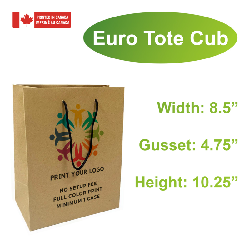 150pcs, Euro totes Kraft Paper Bags 8.5x4.75x10.25 Inches Full Color Custom Printed, Rope Handles, Flat Bottom – Made in Canada